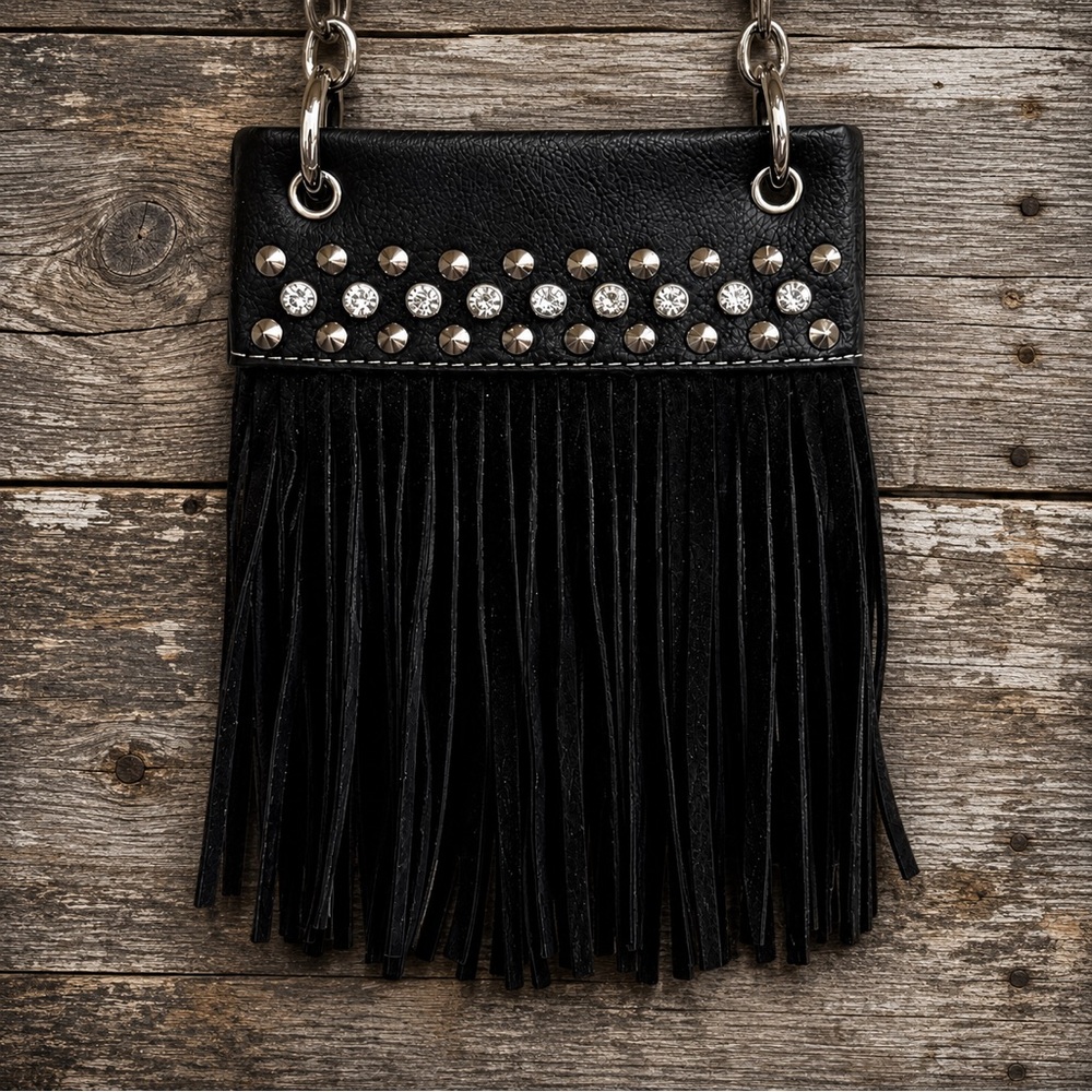 Western Fringe Crossbody Bag Black Silver Chain Rhinestone Studded Boho Purse